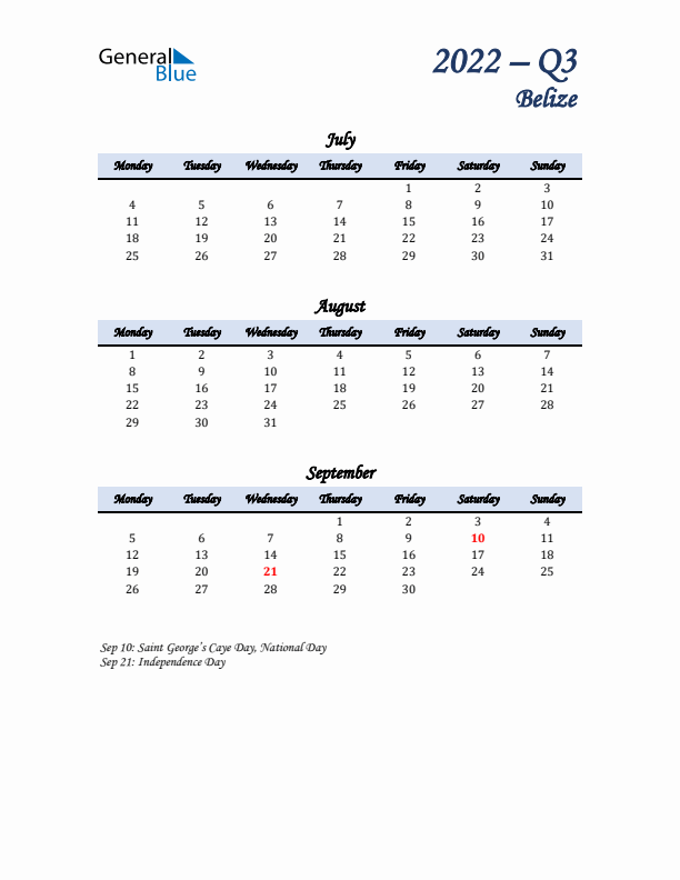 July, August, and September Calendar for Belize with Monday Start