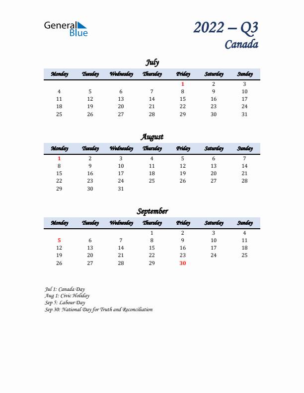 July, August, and September Calendar for Canada with Monday Start