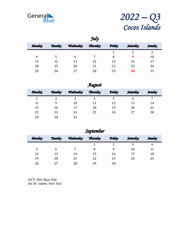 July, August, and September Calendar for Cocos Islands with Monday Start