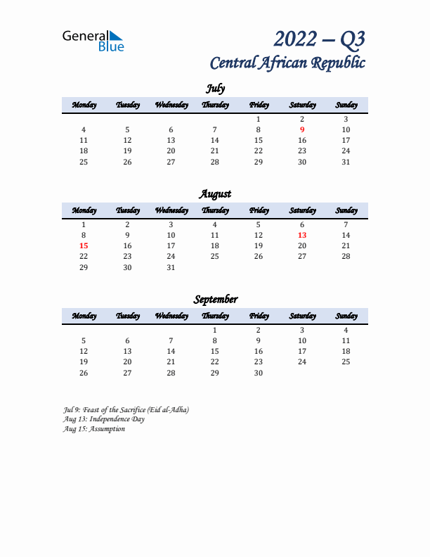 July, August, and September Calendar for Central African Republic with Monday Start