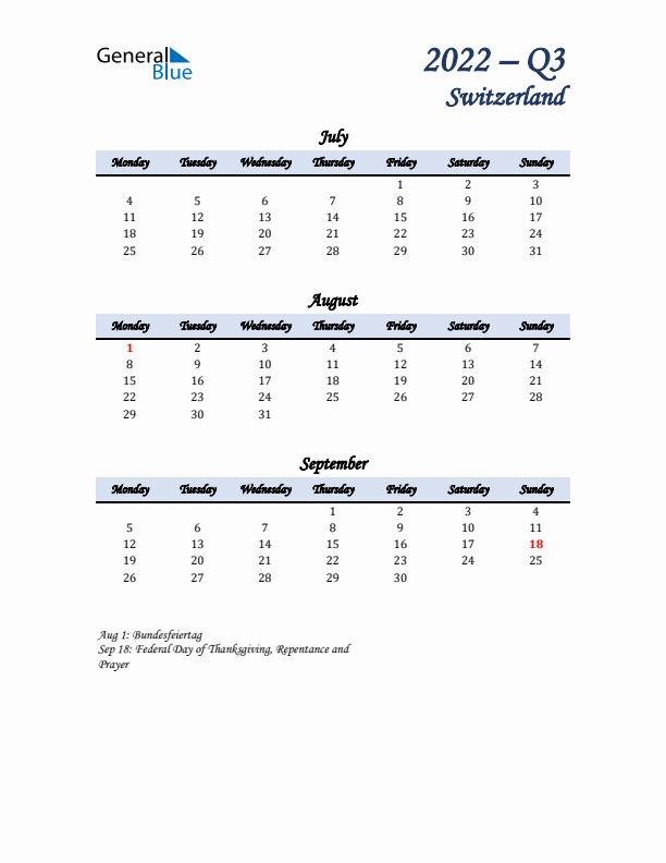 July, August, and September Calendar for Switzerland with Monday Start