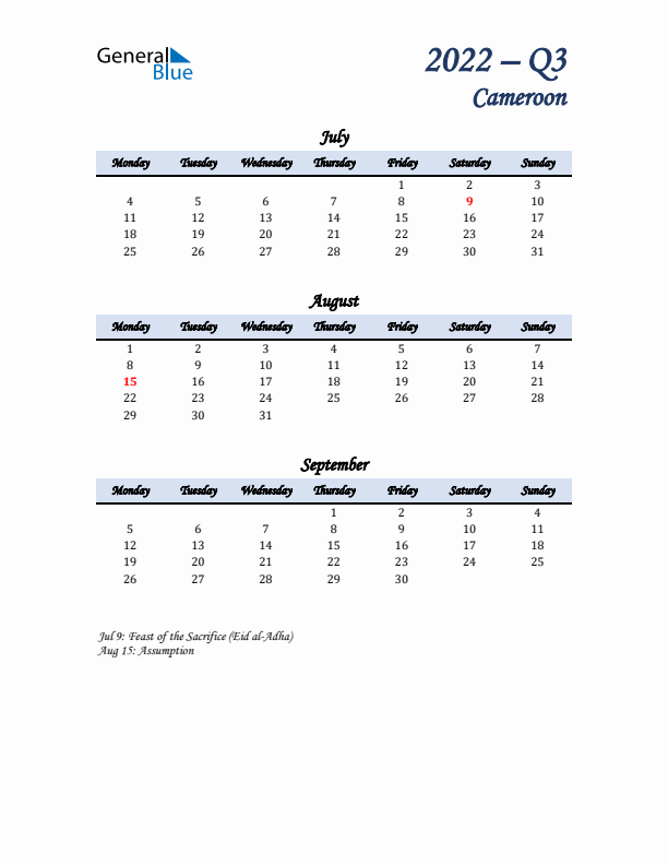 July, August, and September Calendar for Cameroon with Monday Start