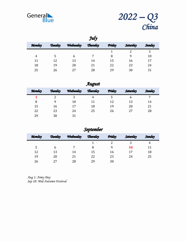 July, August, and September Calendar for China with Monday Start