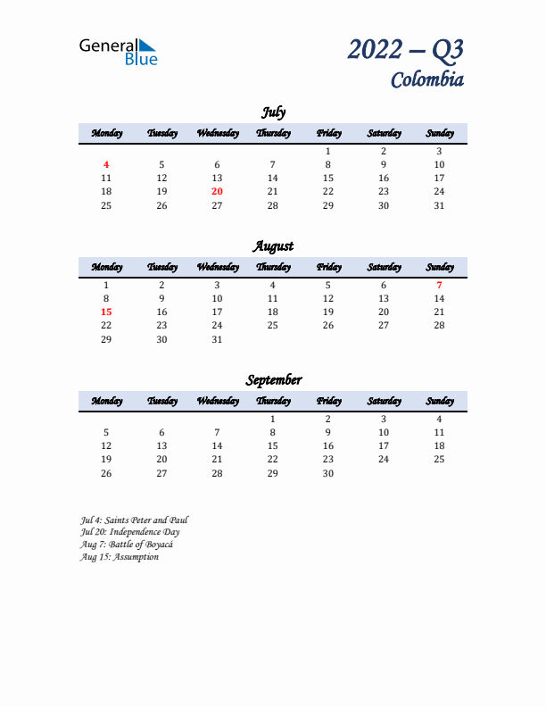 July, August, and September Calendar for Colombia with Monday Start