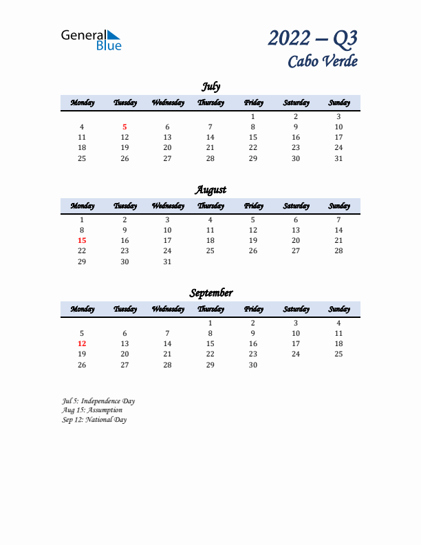 July, August, and September Calendar for Cabo Verde with Monday Start