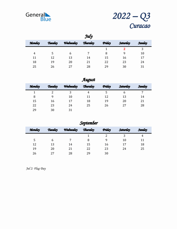 July, August, and September Calendar for Curacao with Monday Start