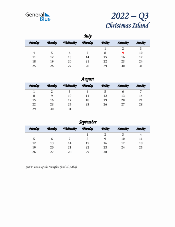 July, August, and September Calendar for Christmas Island with Monday Start