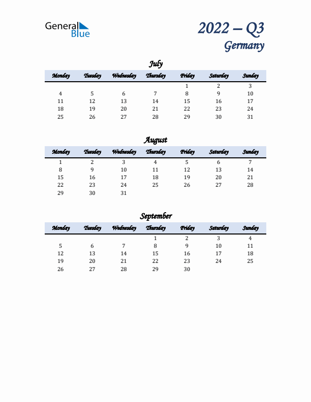 July, August, and September Calendar for Germany with Monday Start