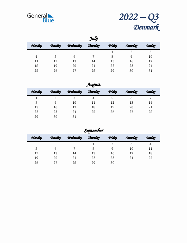 July, August, and September Calendar for Denmark with Monday Start