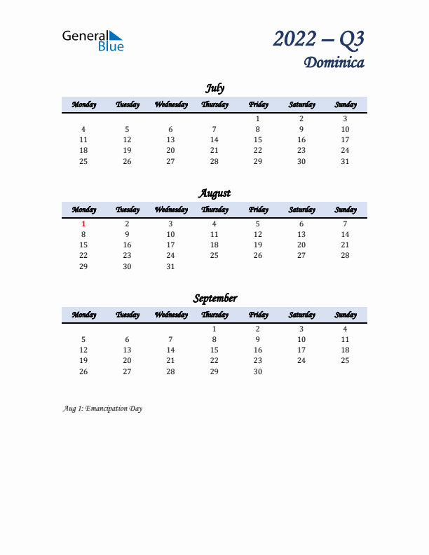 July, August, and September Calendar for Dominica with Monday Start