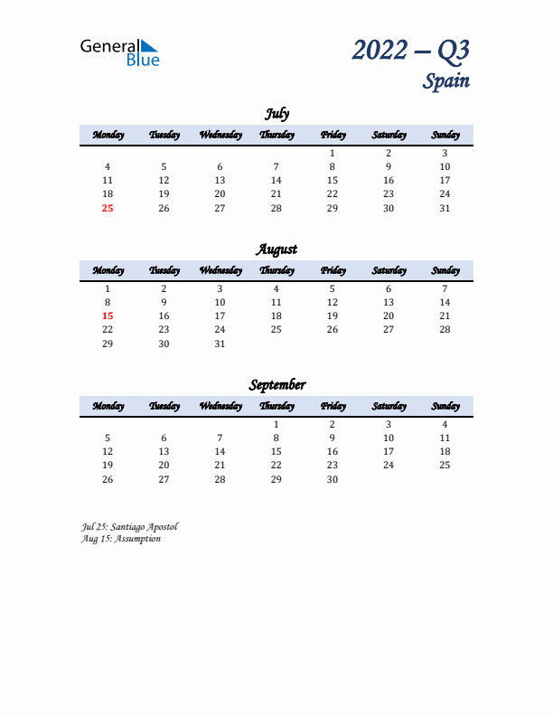 July, August, and September Calendar for Spain with Monday Start