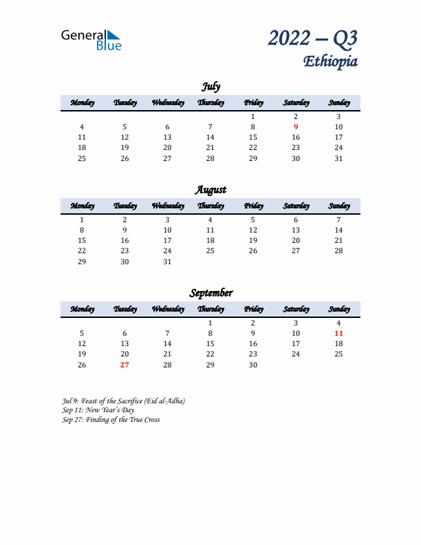 July, August, and September Calendar for Ethiopia with Monday Start