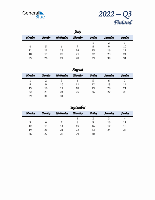 July, August, and September Calendar for Finland with Monday Start