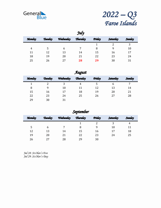 July, August, and September Calendar for Faroe Islands with Monday Start