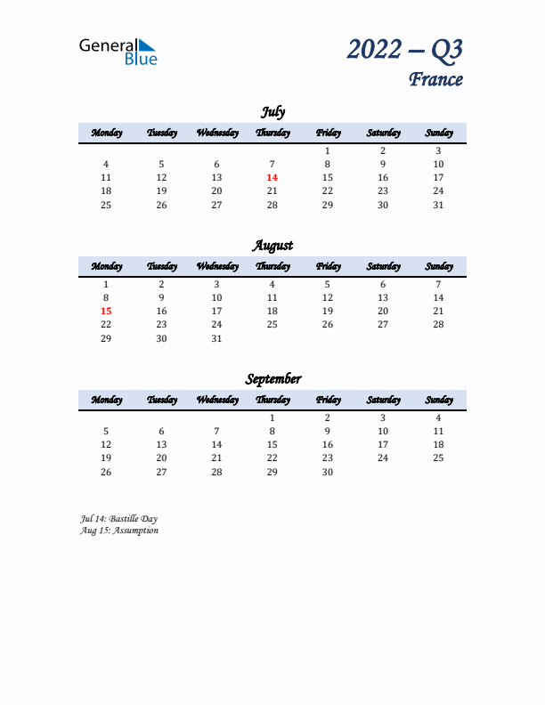 July, August, and September Calendar for France with Monday Start