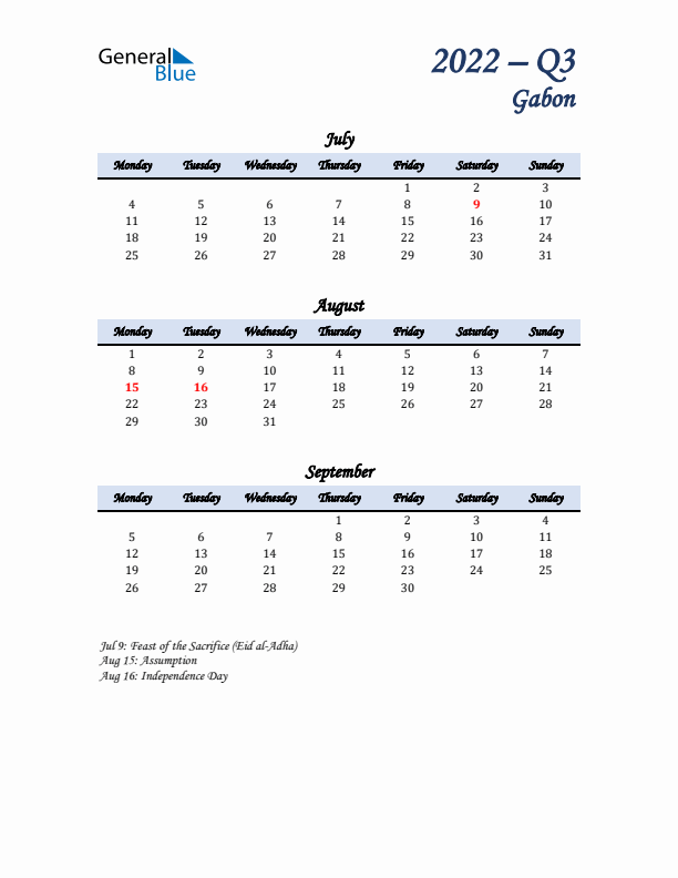 July, August, and September Calendar for Gabon with Monday Start