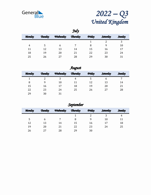 July, August, and September Calendar for United Kingdom with Monday Start