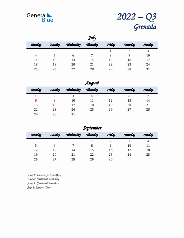 July, August, and September Calendar for Grenada with Monday Start