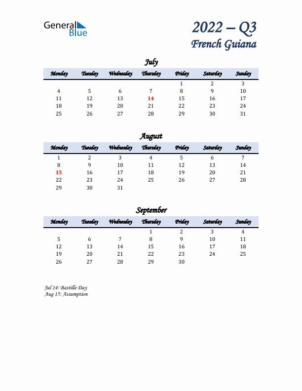 July, August, and September Calendar for French Guiana with Monday Start