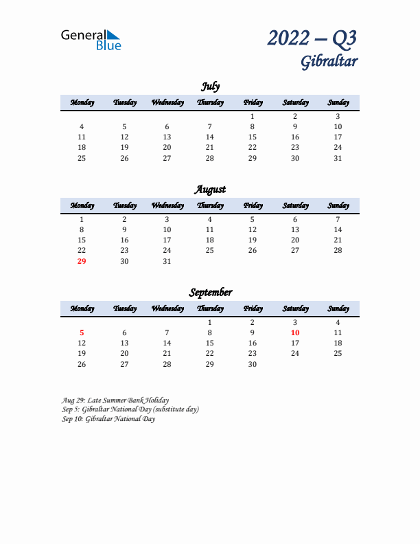 July, August, and September Calendar for Gibraltar with Monday Start