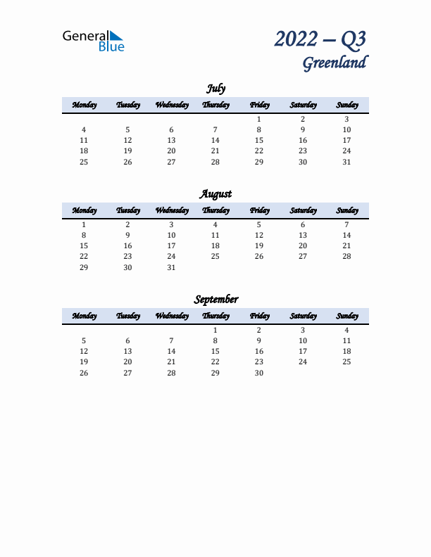 July, August, and September Calendar for Greenland with Monday Start