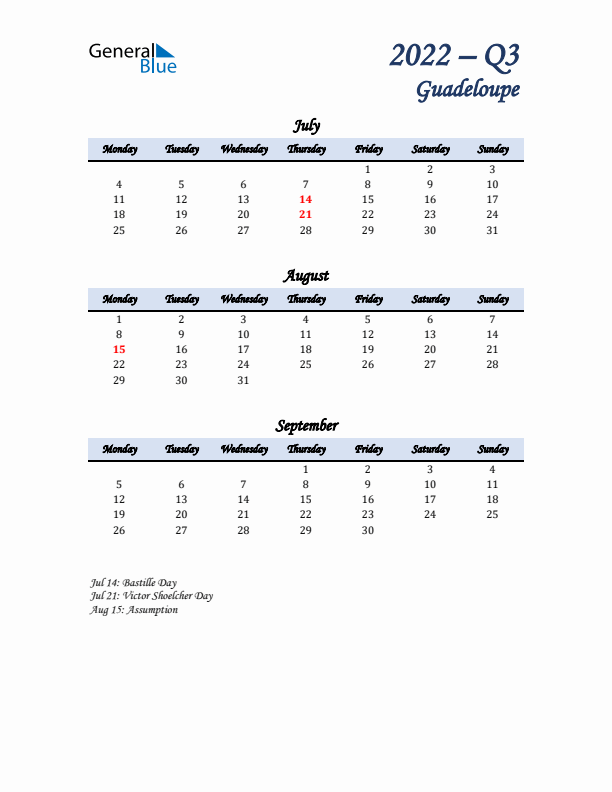 July, August, and September Calendar for Guadeloupe with Monday Start