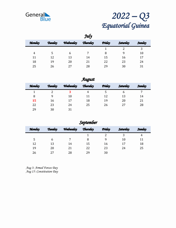 July, August, and September Calendar for Equatorial Guinea with Monday Start