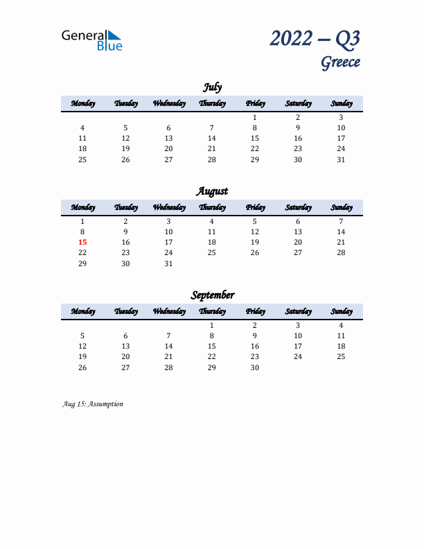 July, August, and September Calendar for Greece with Monday Start