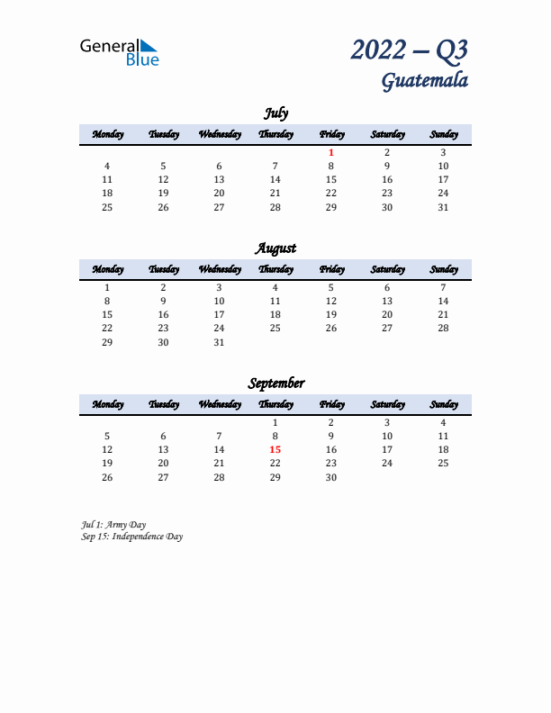 July, August, and September Calendar for Guatemala with Monday Start