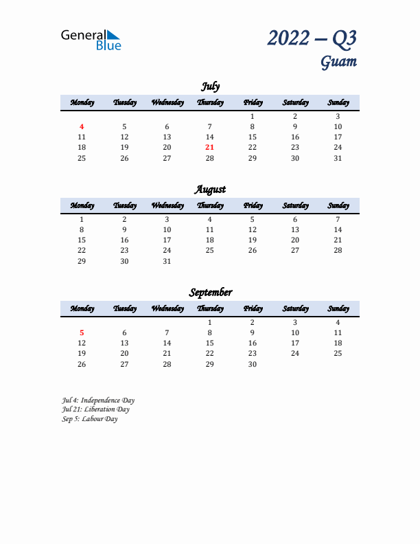 July, August, and September Calendar for Guam with Monday Start