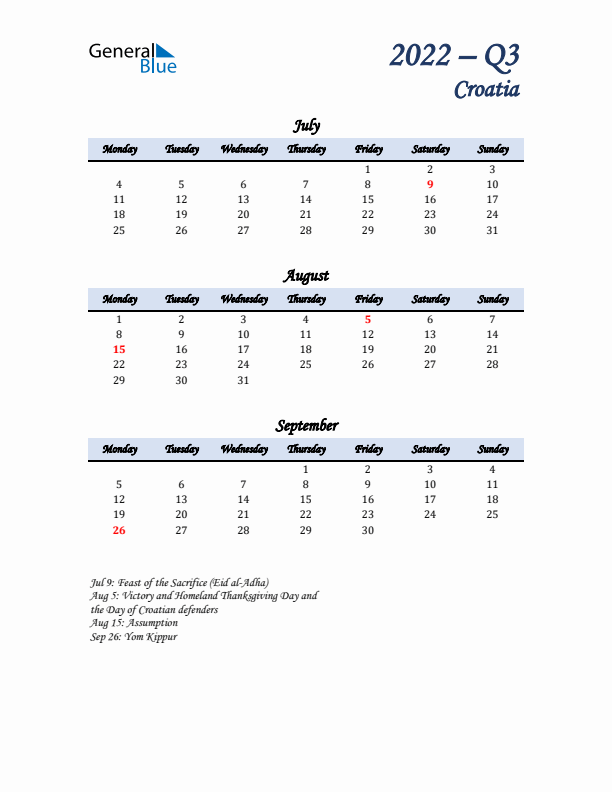 July, August, and September Calendar for Croatia with Monday Start