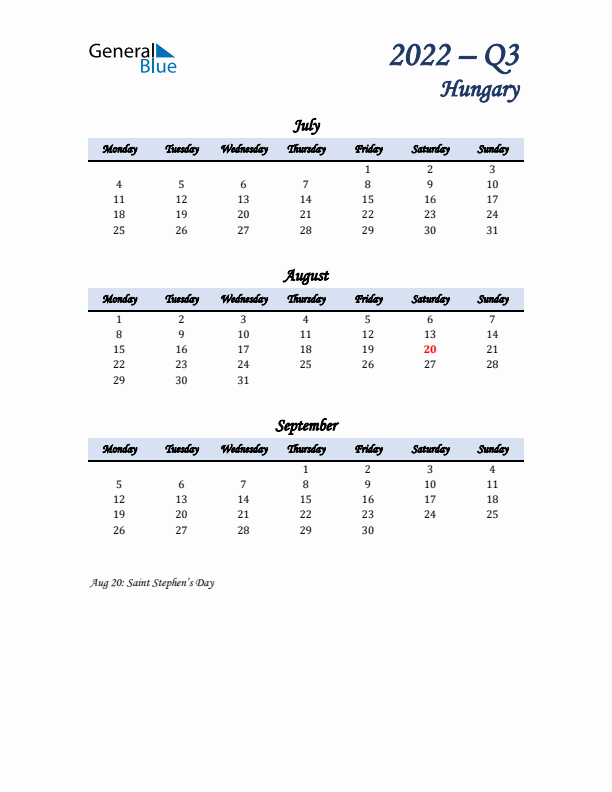 July, August, and September Calendar for Hungary with Monday Start