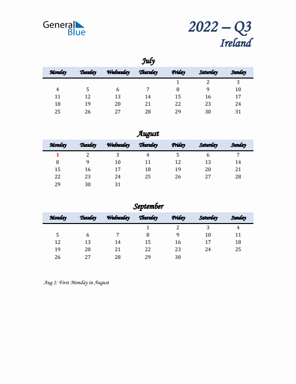 July, August, and September Calendar for Ireland with Monday Start