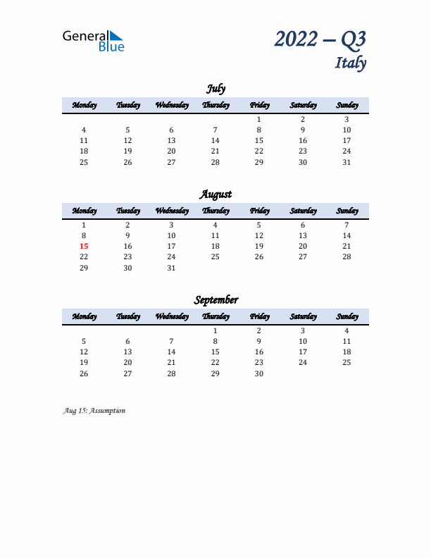 July, August, and September Calendar for Italy with Monday Start