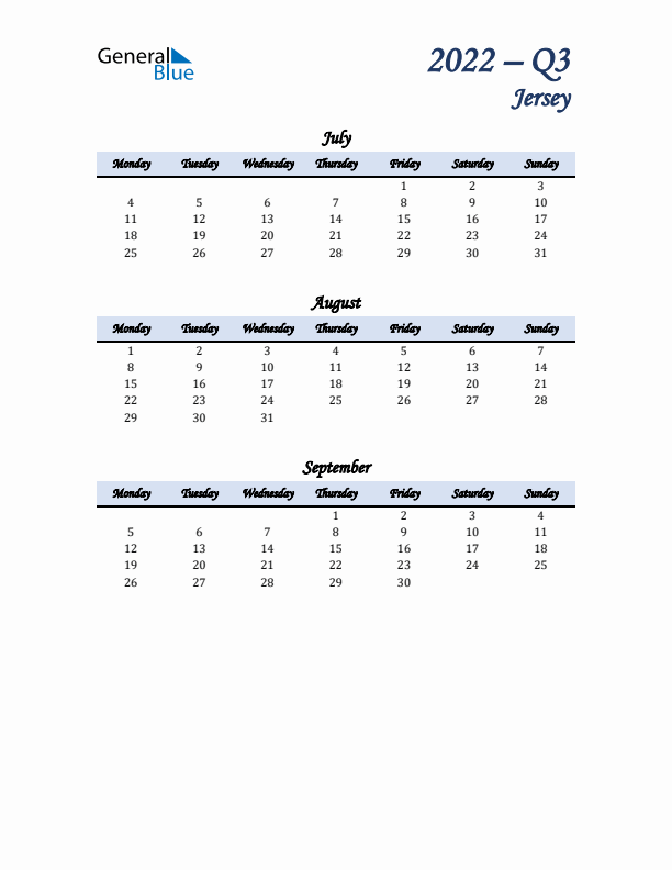 July, August, and September Calendar for Jersey with Monday Start