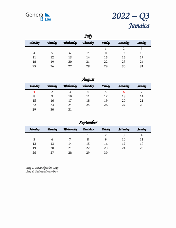 July, August, and September Calendar for Jamaica with Monday Start