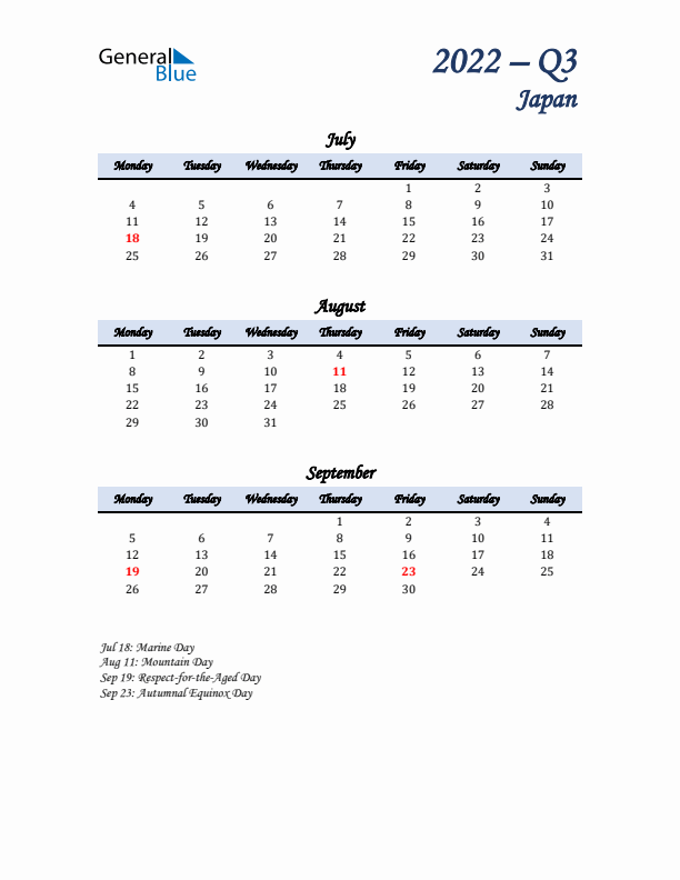 July, August, and September Calendar for Japan with Monday Start