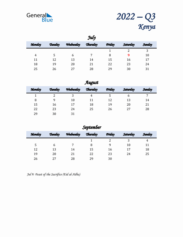 July, August, and September Calendar for Kenya with Monday Start