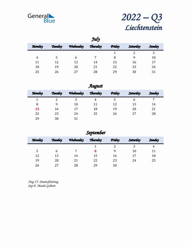 July, August, and September Calendar for Liechtenstein with Monday Start