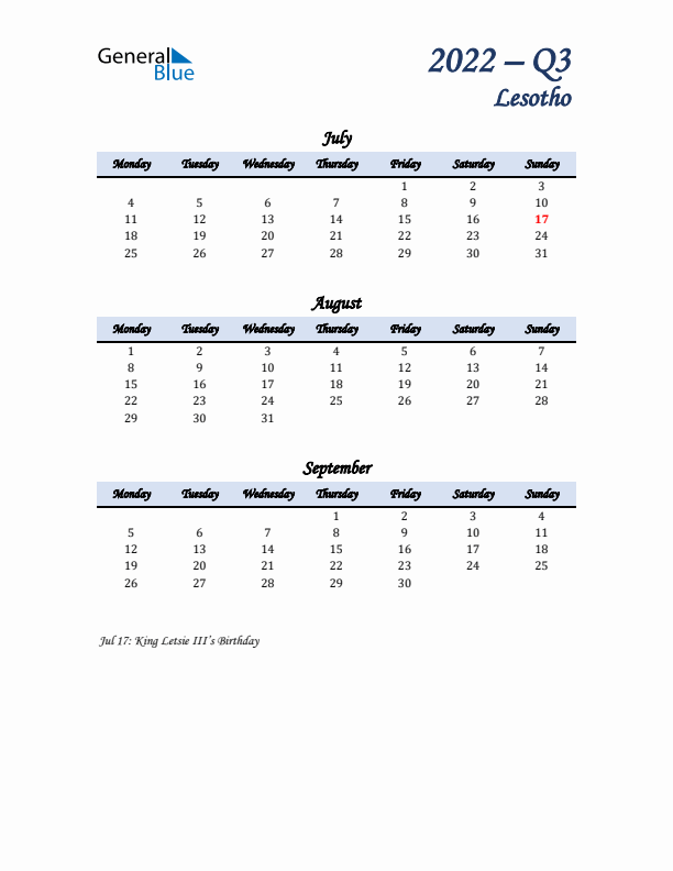 July, August, and September Calendar for Lesotho with Monday Start