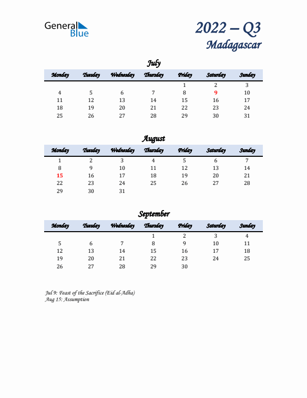 July, August, and September Calendar for Madagascar with Monday Start