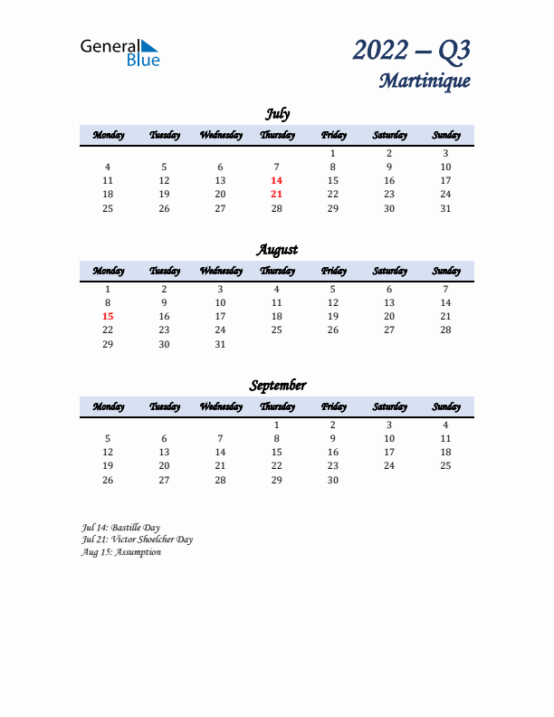 July, August, and September Calendar for Martinique with Monday Start