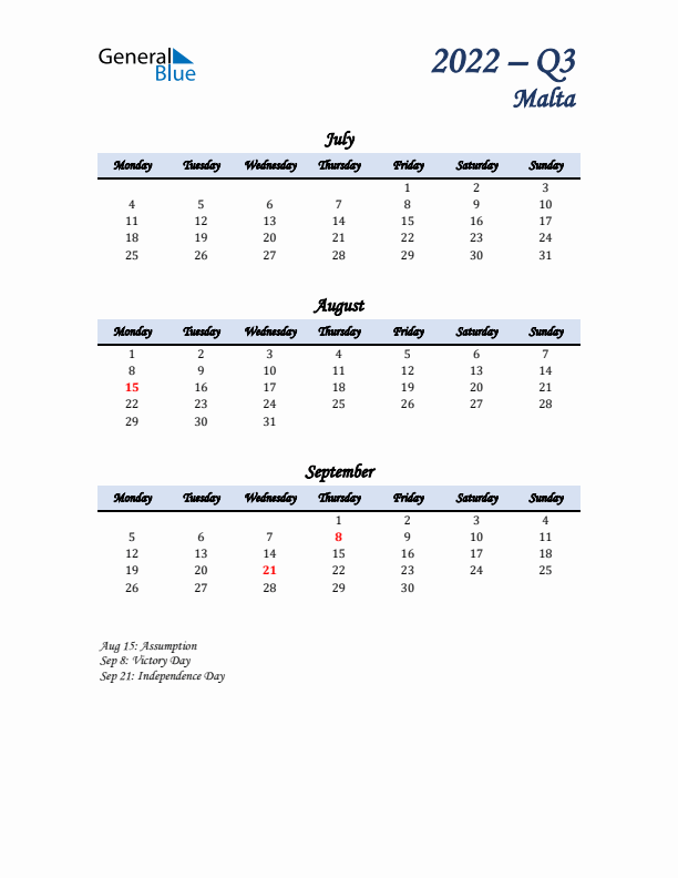 July, August, and September Calendar for Malta with Monday Start