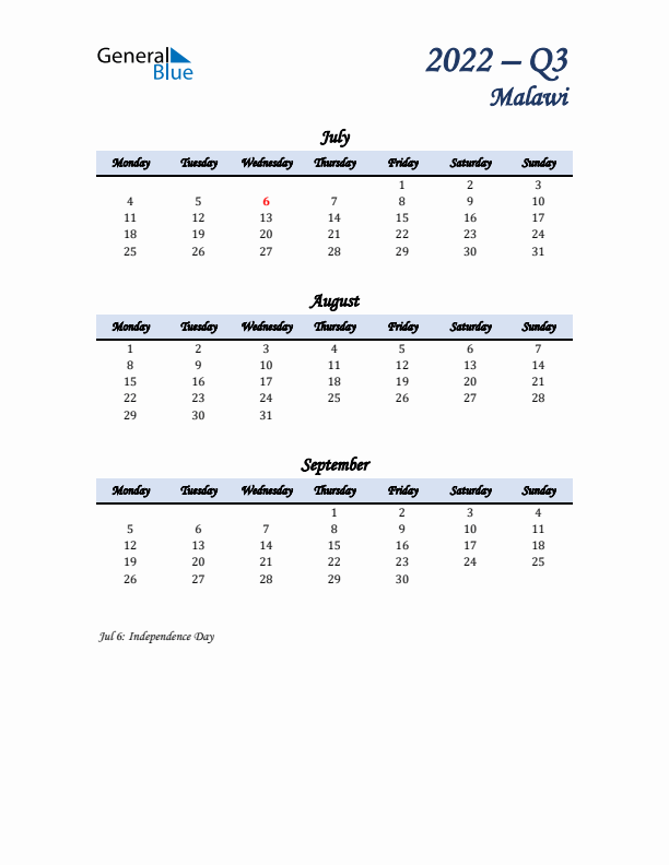 July, August, and September Calendar for Malawi with Monday Start