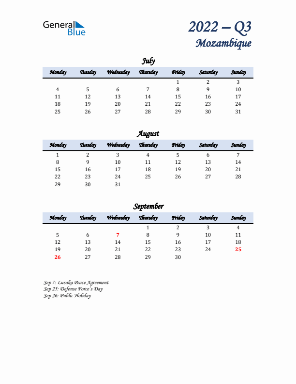 July, August, and September Calendar for Mozambique with Monday Start