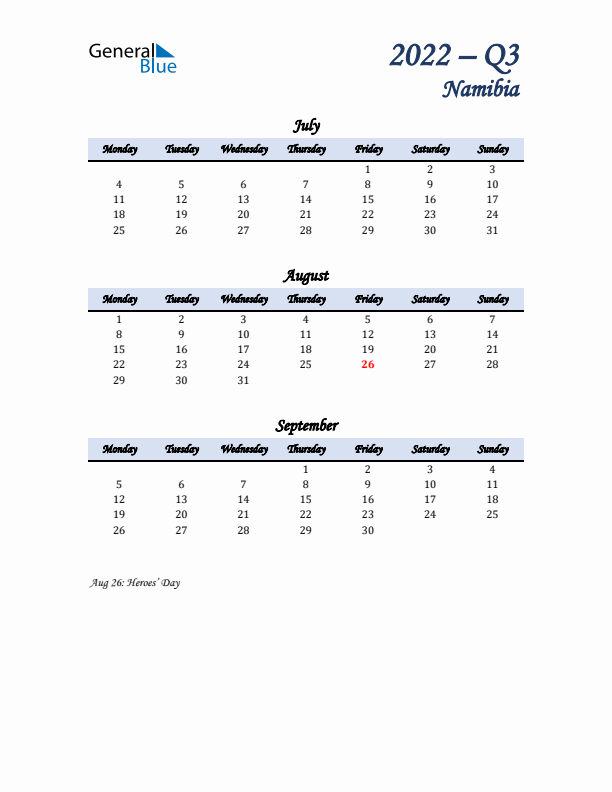 July, August, and September Calendar for Namibia with Monday Start