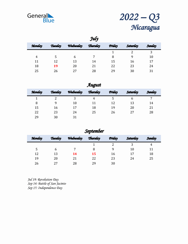 July, August, and September Calendar for Nicaragua with Monday Start