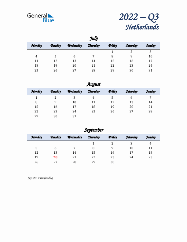 July, August, and September Calendar for The Netherlands with Monday Start