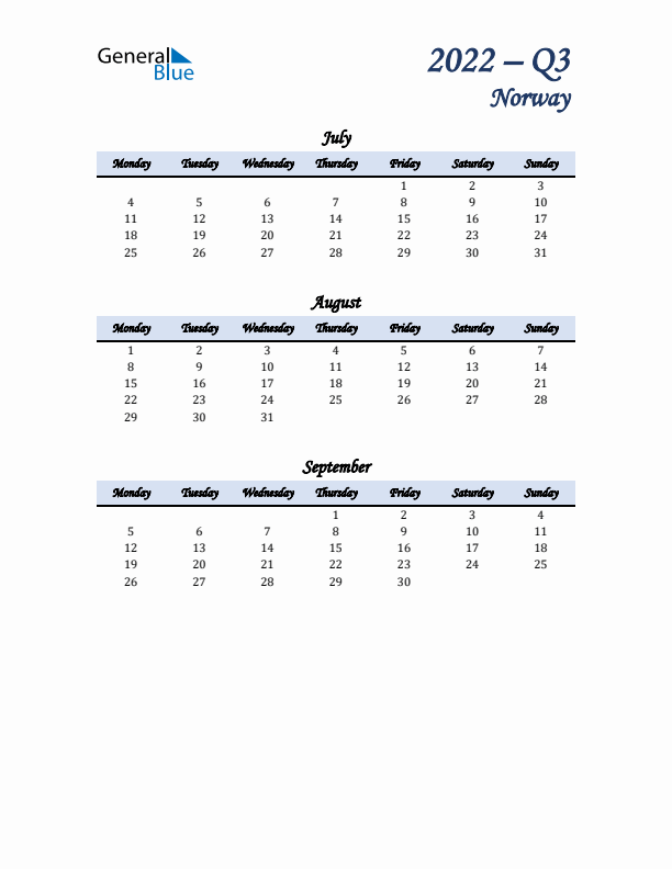 July, August, and September Calendar for Norway with Monday Start