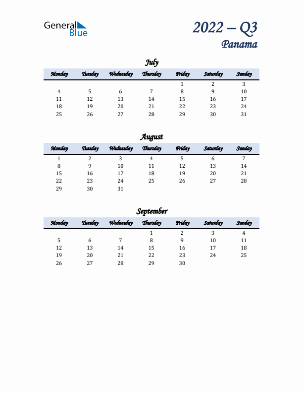 July, August, and September Calendar for Panama with Monday Start